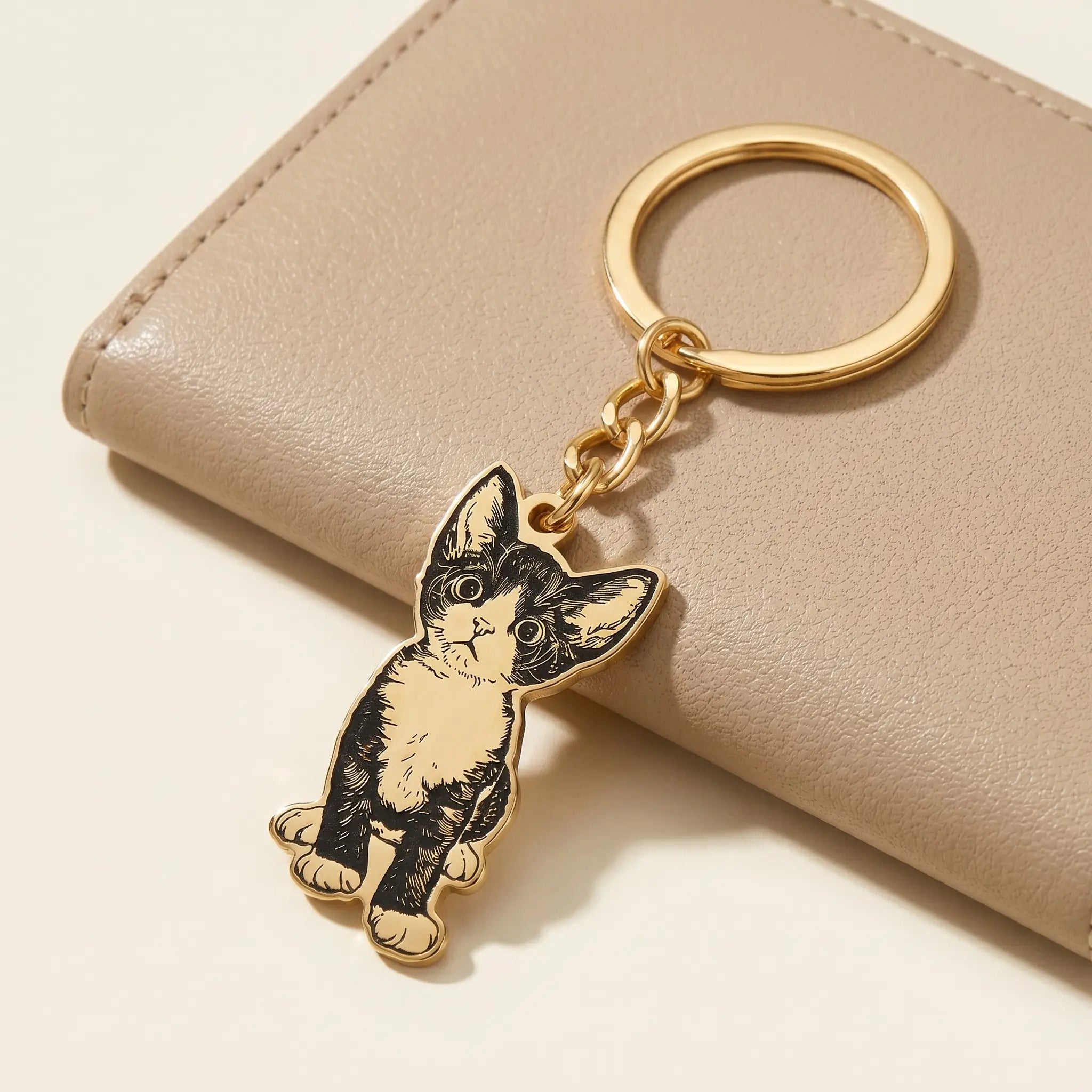 Gold cat keychain resting on wallet