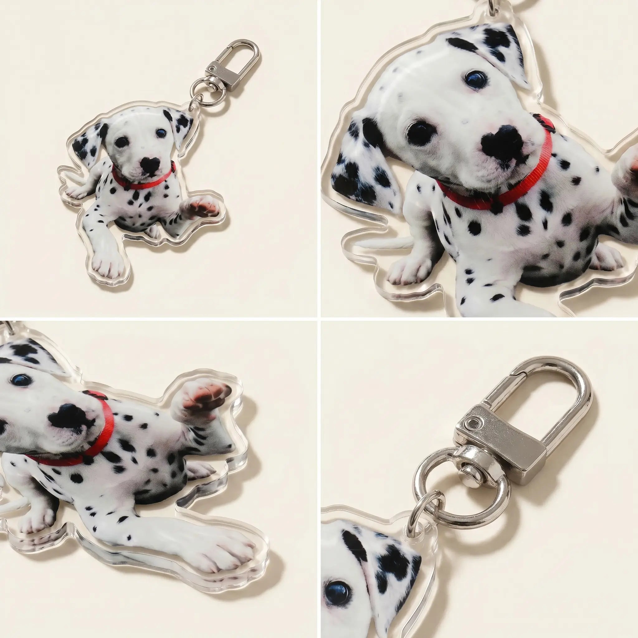 Detail views of acrylic dalmatian keychain