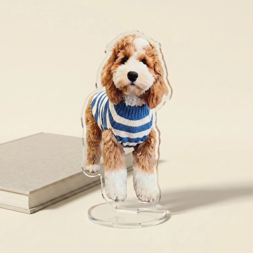 Acrylic dog standee beside stacked books