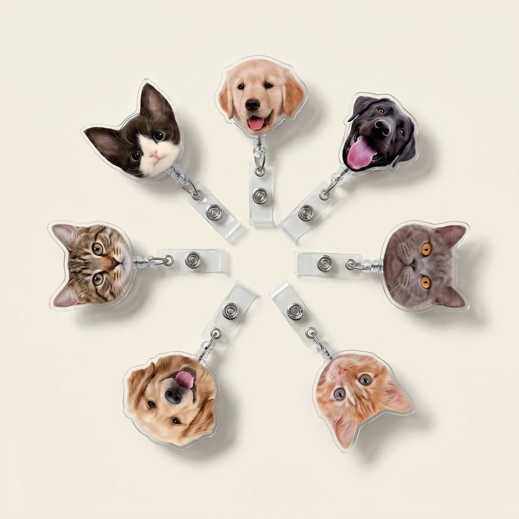 Assorted pet face badge reels in a circle
