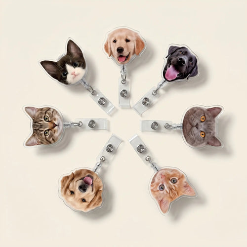 Assorted pet face badge reels in a circle