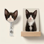 Cat badge reel displayed with pet photo