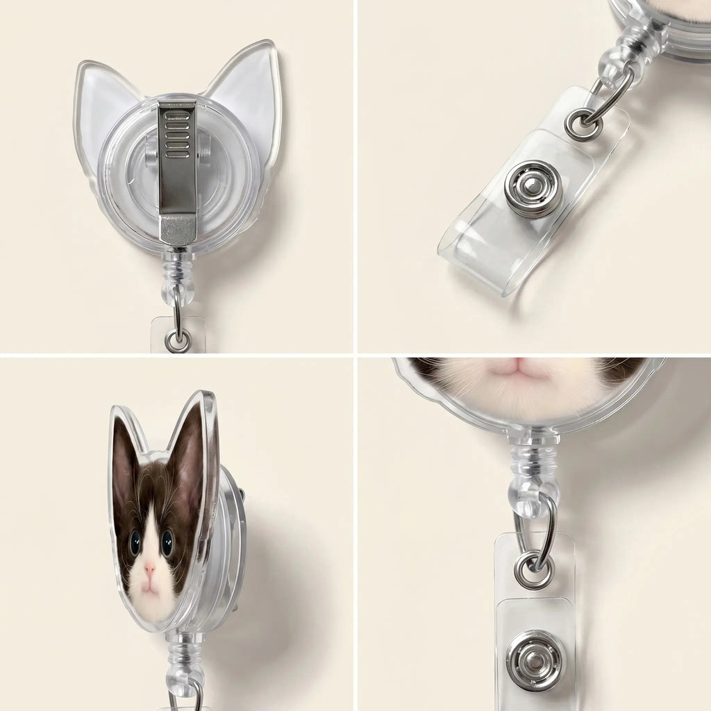 Detail views of cat face badge reel
