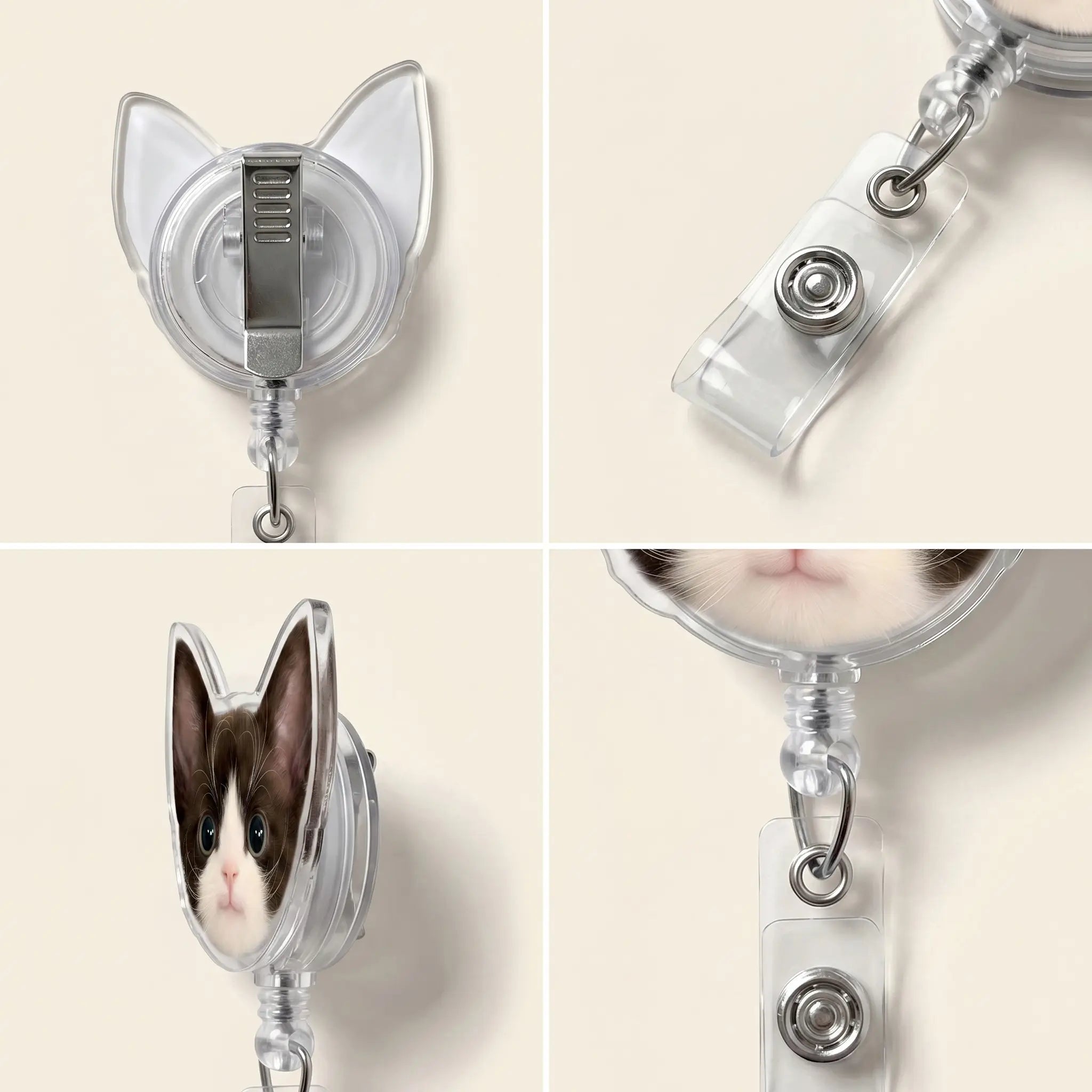 Detail views of cat face badge reel