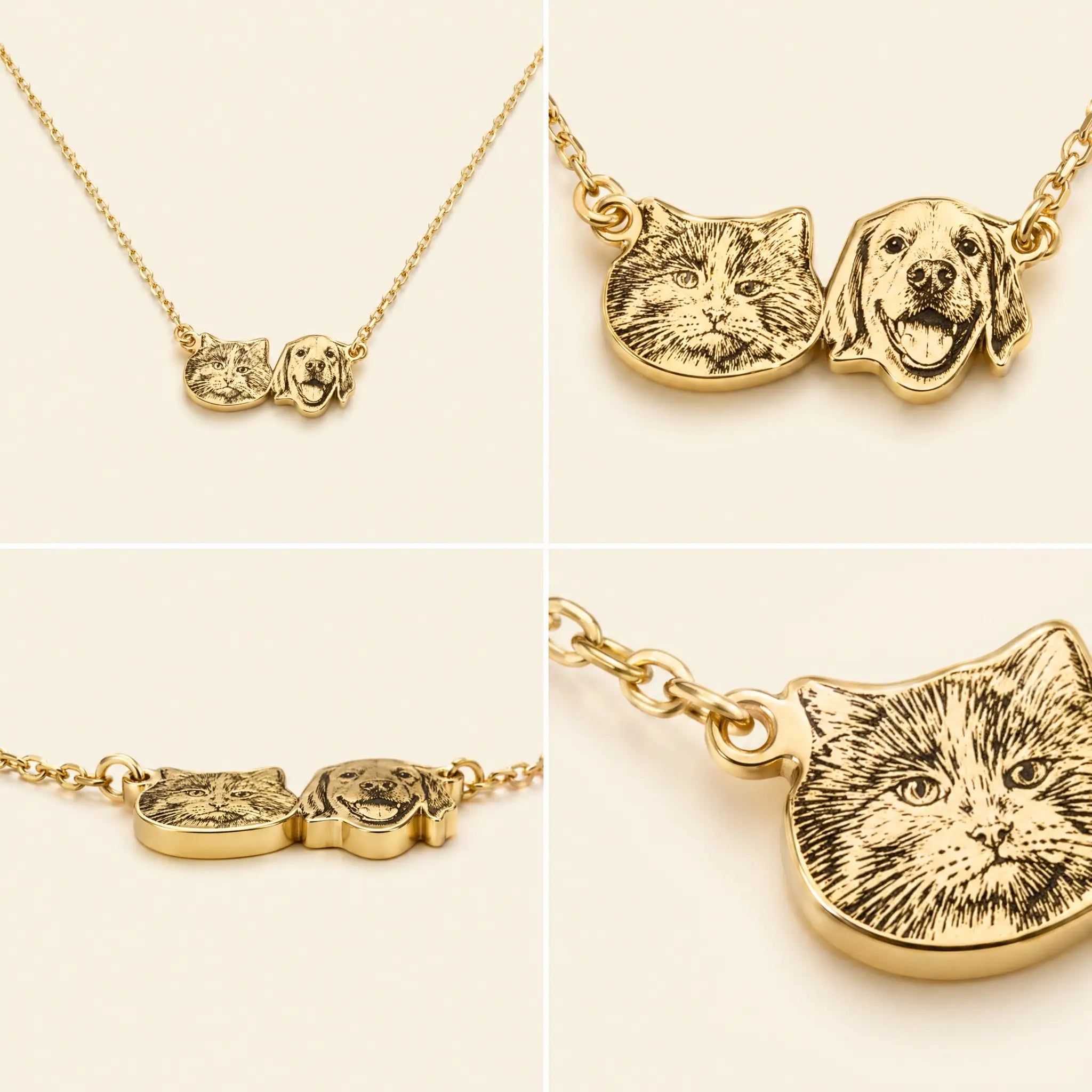 Detail views of gold pet pendant necklace
