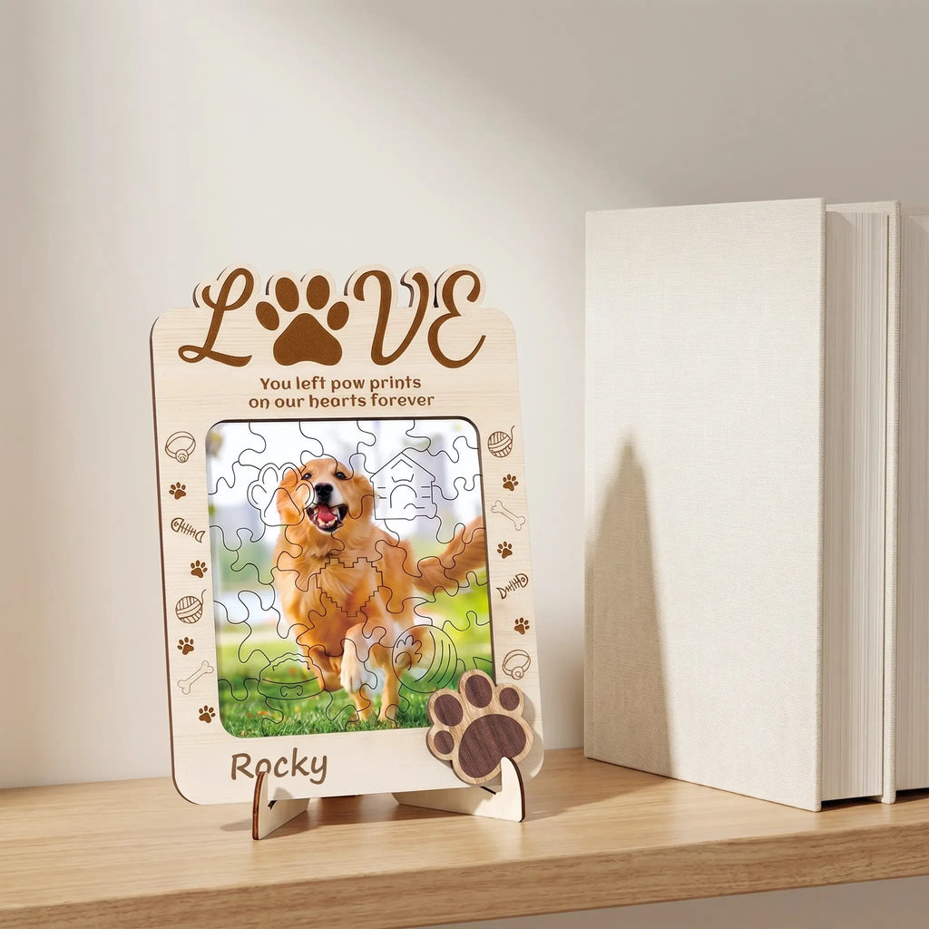 Pet photo puzzle standing on wooden shelf