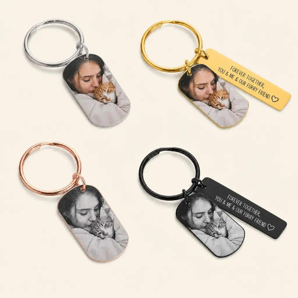 Assorted photo tag keychains in four finishes