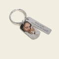 Silver photo tag keychain with engraved message
