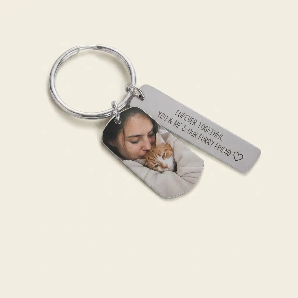 Silver photo tag keychain with engraved message