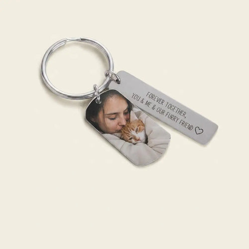 Silver photo tag keychain with engraved message