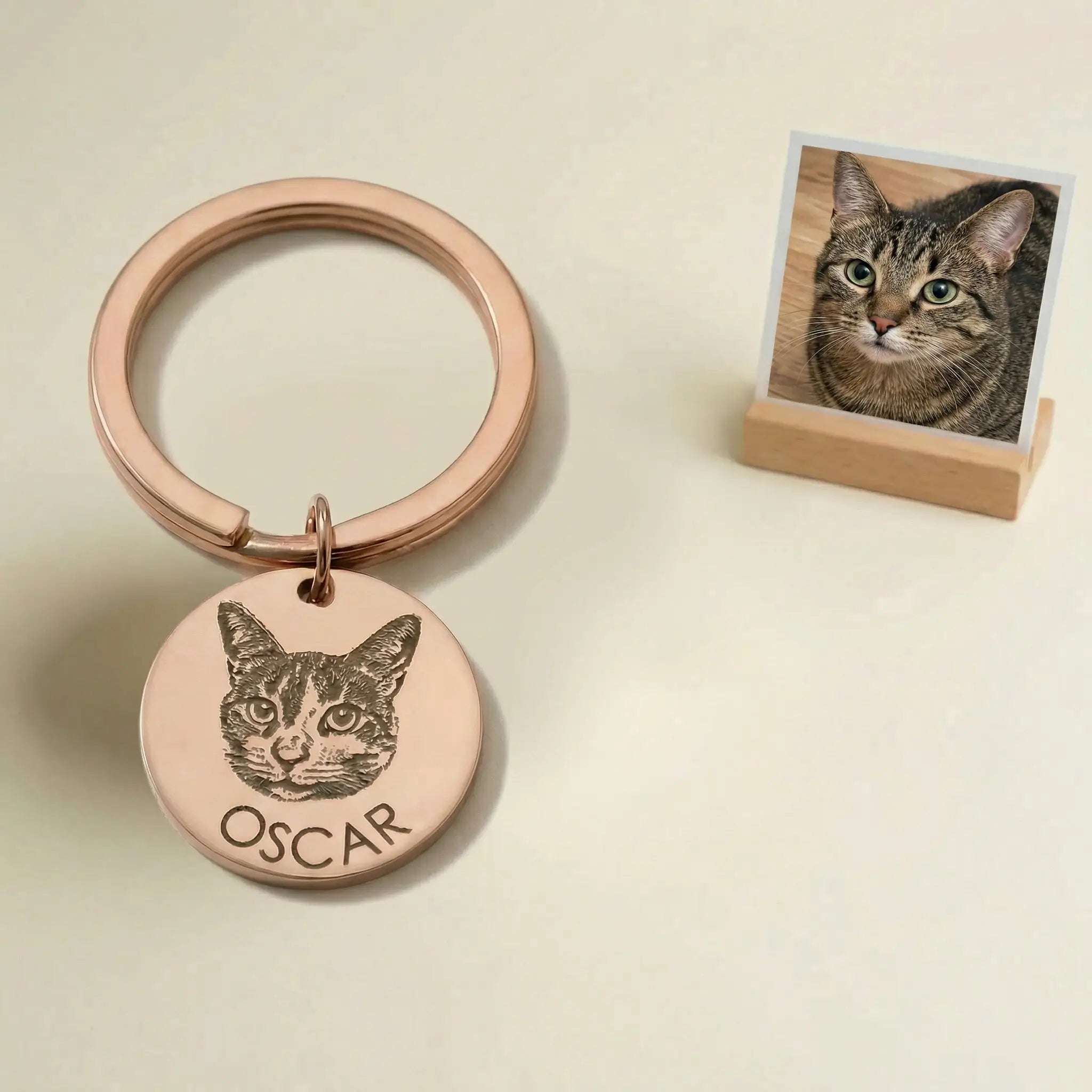 Pet portrait keychain displayed beside cat photo