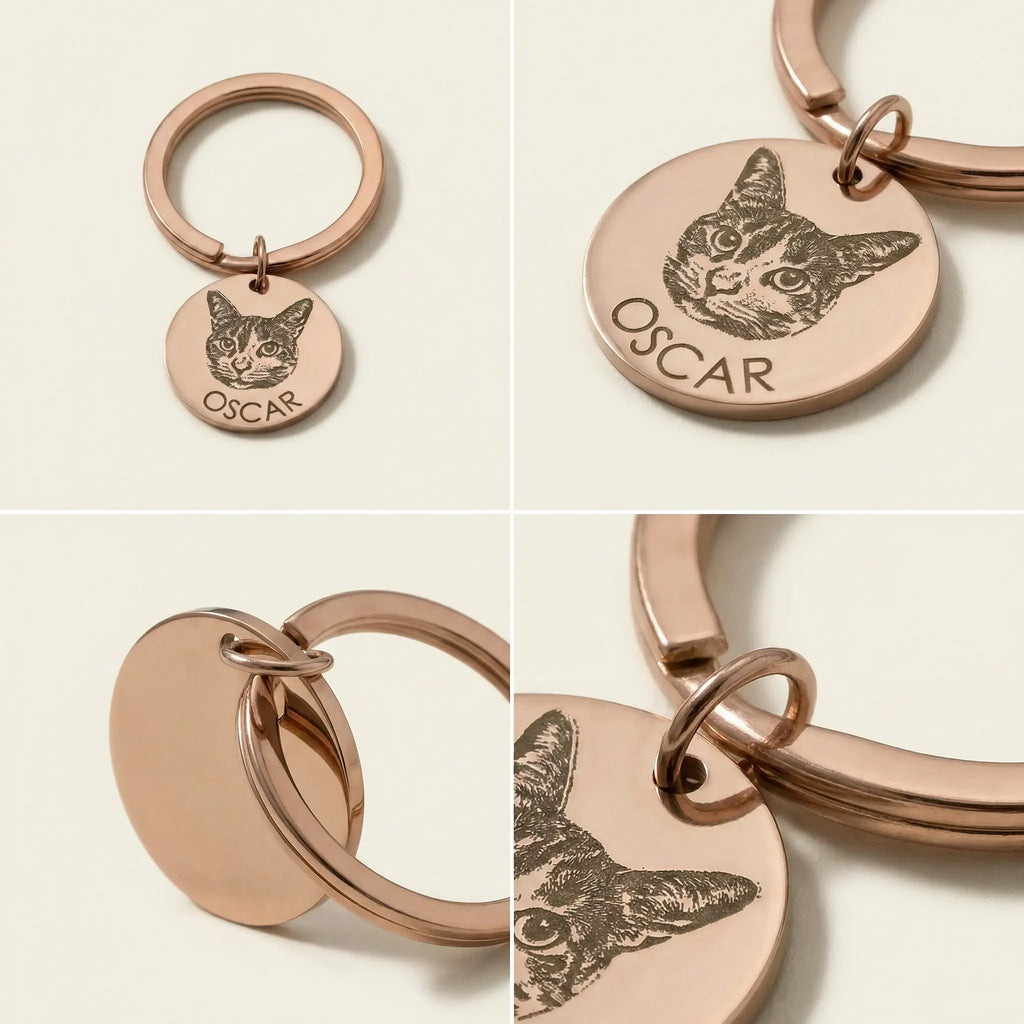 Detail views of round pet portrait keychain