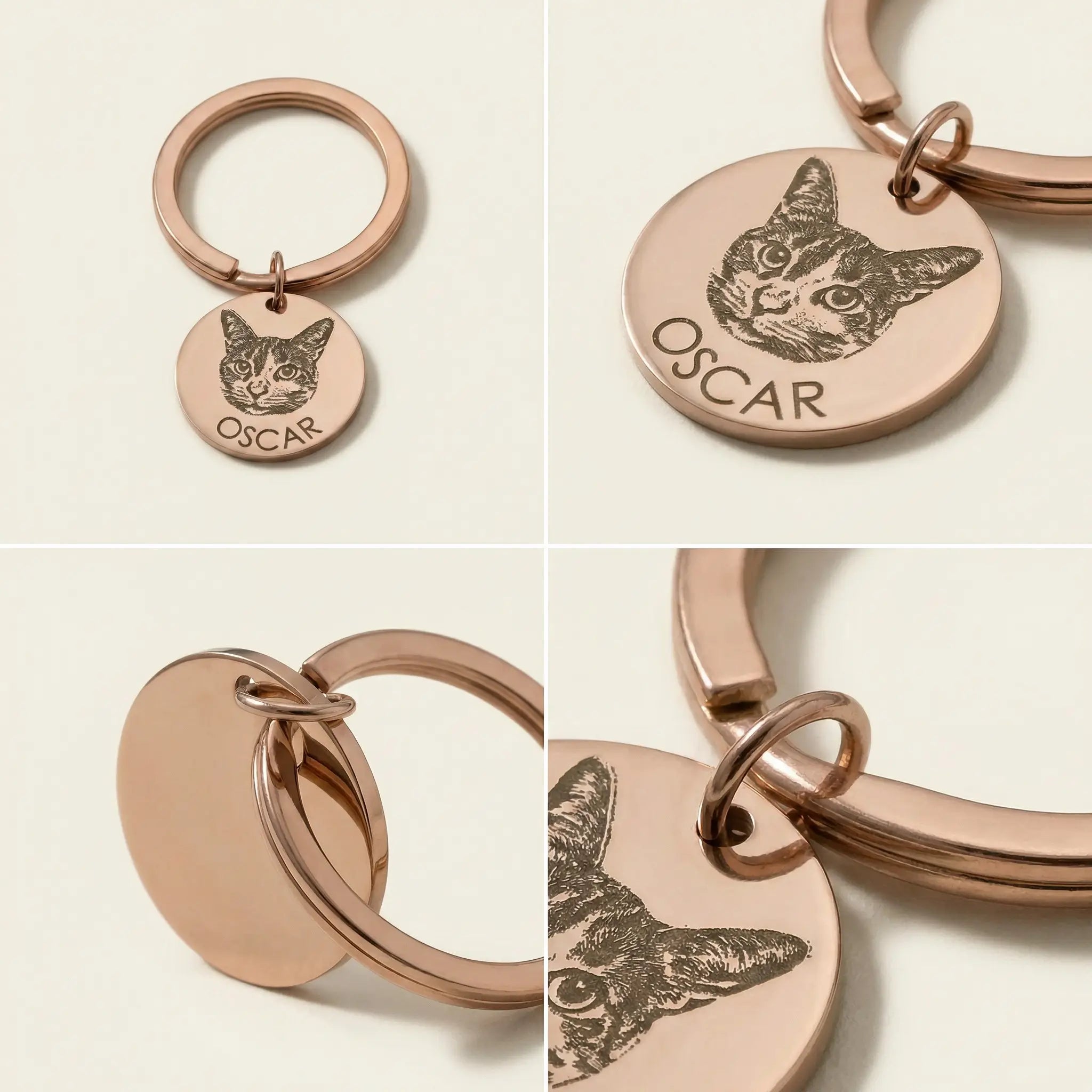 Detail views of round pet portrait keychain