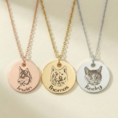 Assorted pet portrait necklaces in three finishes