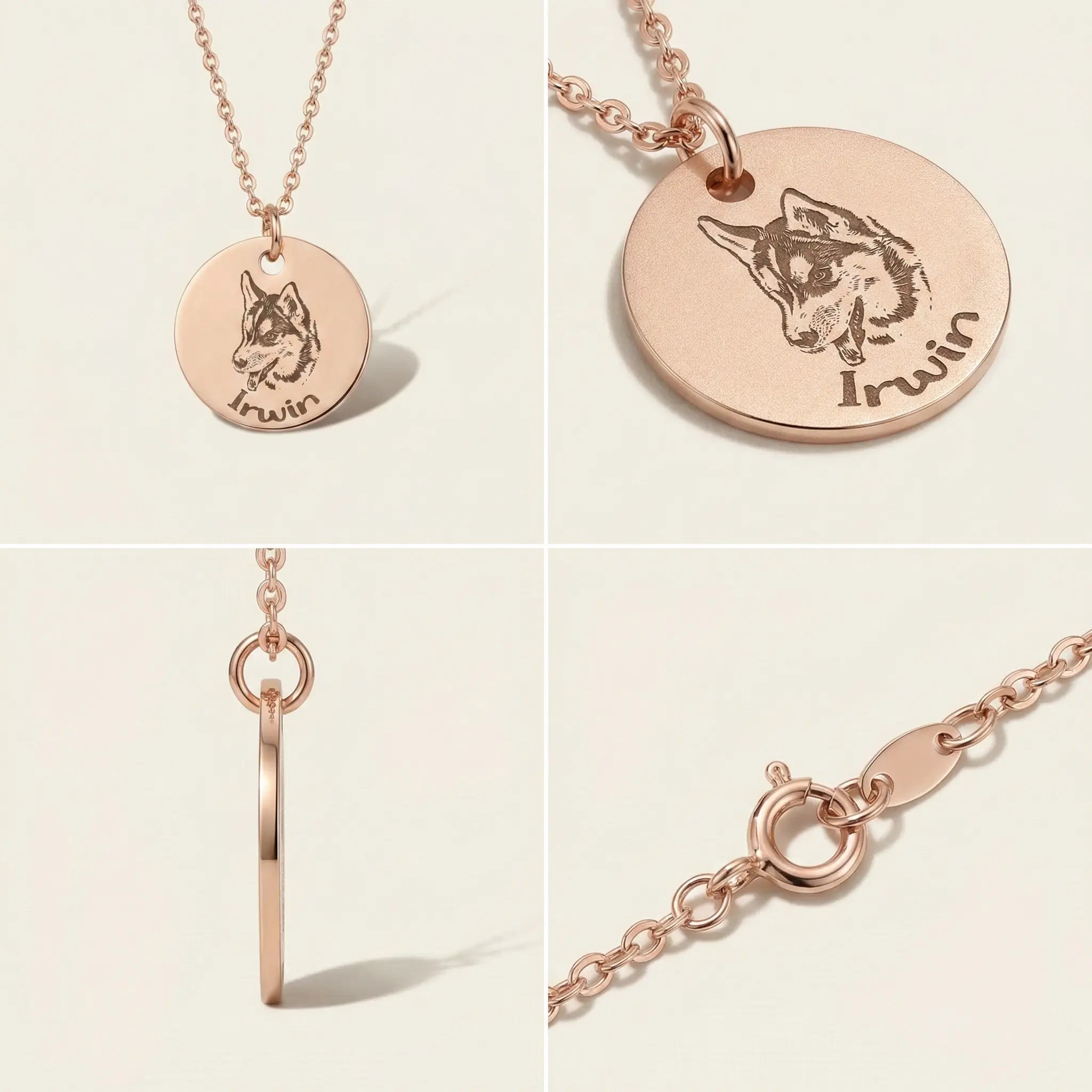 Detail views of round pet portrait necklace