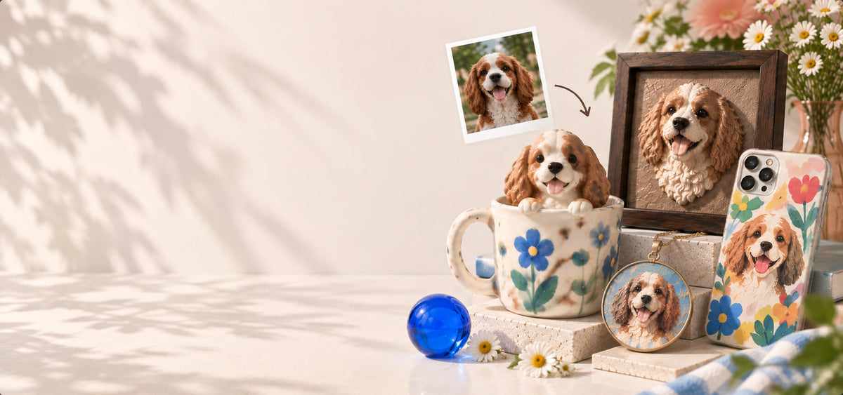 Custom pet keepsakes made from a pet photo, including a ceramic mug, framed relief, phone case and hand-painted pendant.